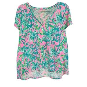 Lilly Pulitzer Etta V Neck Blouse Top Mandevilla Baby Hip Nautic Size L